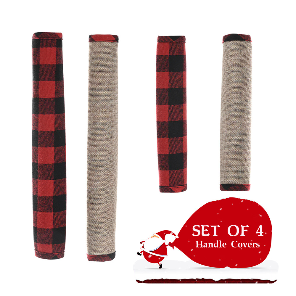 4PCS Christmas Decorations Red And Black Plaid Linen Refrigerator To Put Gloves Denim Gloves Protective Sleeve